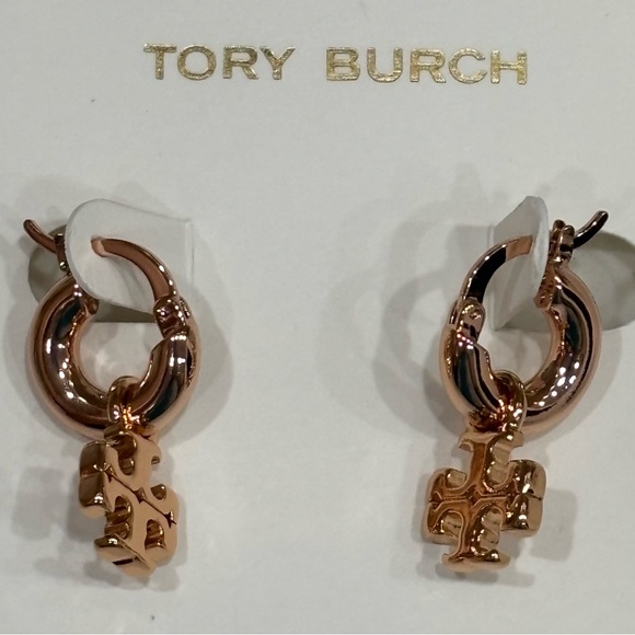 TORY BURCH ROSE GOLD KIRA LOGO HUGGIE HOOP EARRINGS - Picture 4 of 10